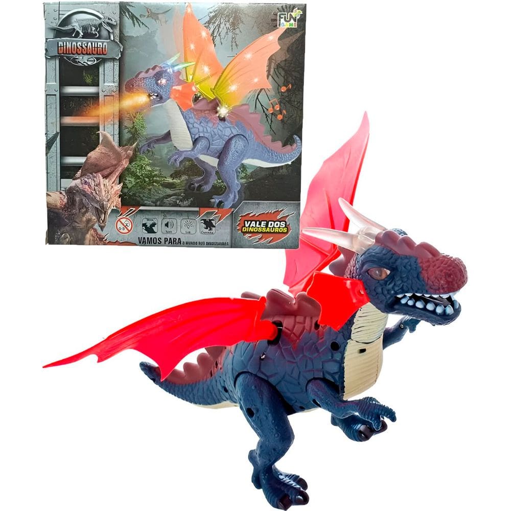 Boneco Dragão Brinquedo Anda Sons Luzes LED Bate Asas 38cm