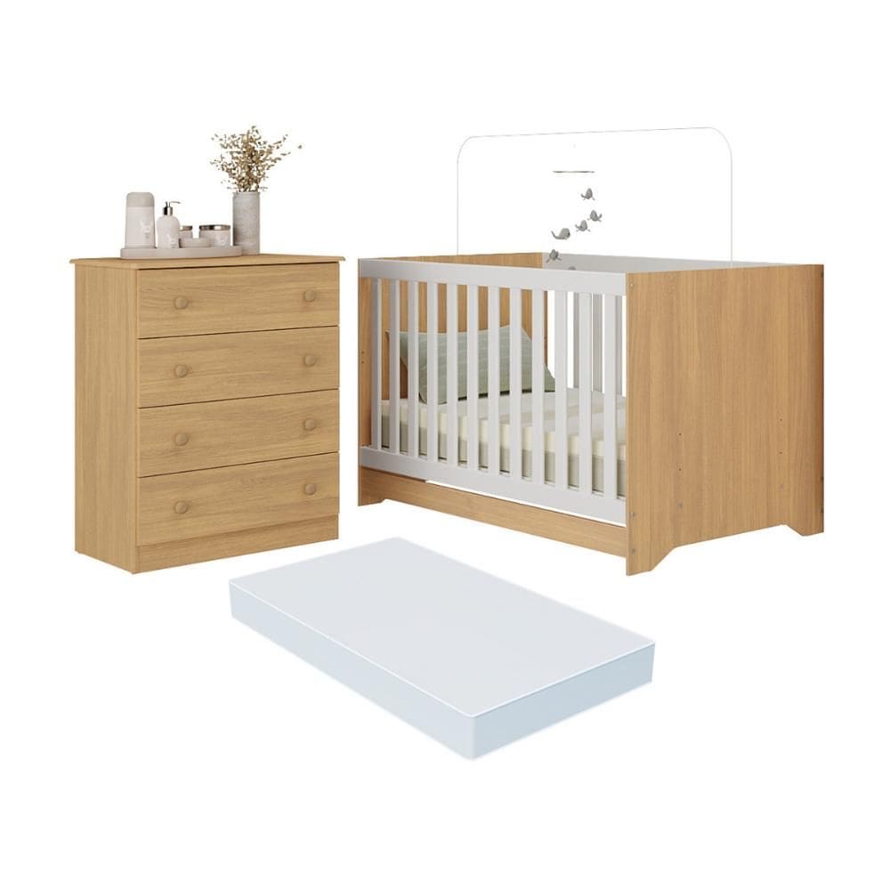 Berço Americano 3 em 1 com Colchão Incluso e Cômoda 4 Gavetas Encanto Multimóveis MP4699