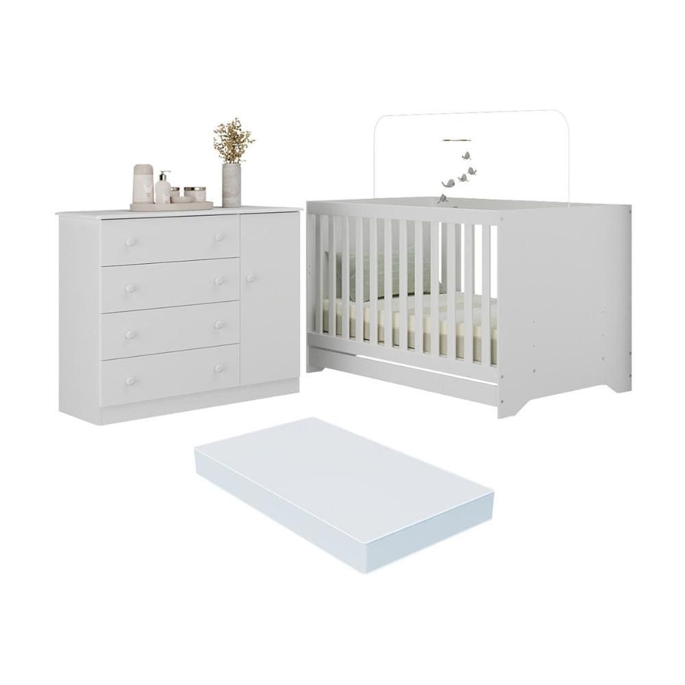 Berço Americano 3 em 1 com Colchão Incluso e Cômoda 1 Porta 4 Gavetas Encanto Multimóveis MP4695