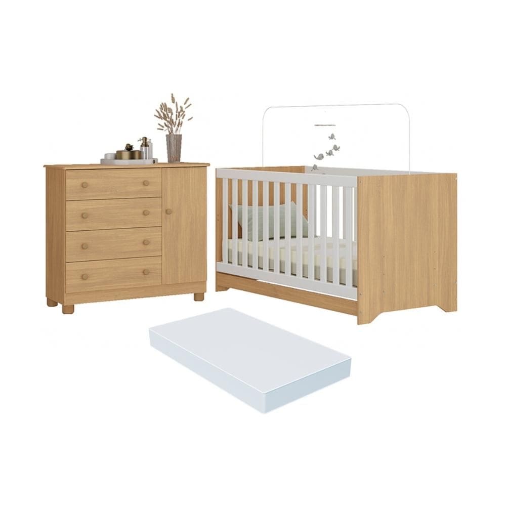 Berço Americano 3 em 1 com Colchão Incluso e Cômoda 1 Porta 4 Gavetas Allegra Multimóveis MP4696