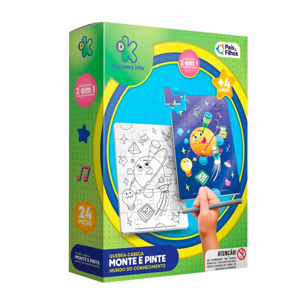 Quebra-Cabeça Discovery Kids 2 em 1 Monte e Pinte Mundo do Conhecimento Pais e Filhos 4+ Anos 24 Peças