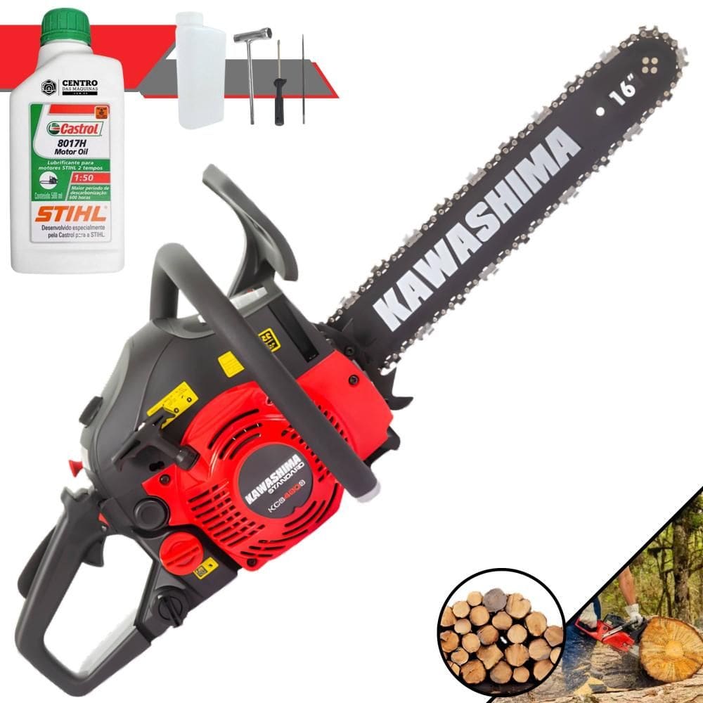 Motor Serra Kawashima KCS420S À Gasolina 2T 42cc Sabre 16’` Motosserra Profissional Ideal Para Corte de Árvores e Desdobra de Madeira + ÓLEO STIHL