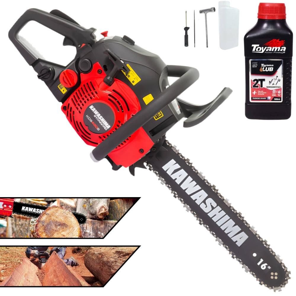 Motor Serra Kawashima KCS420S À Gasolina 2T 42cc Sabre 16’` Motosserra Profissional Ideal Para Corte de Árvores e Desdobra de Madeira + ÓLEO TOYAMA
