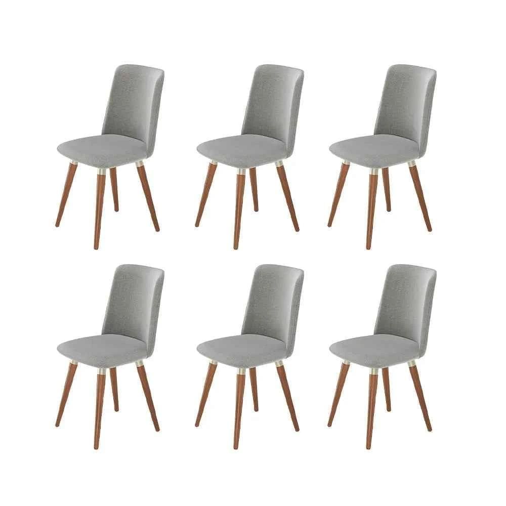 Kit de 6 Cadeiras de Madeira Maciça Estofada Dakota - Natural c/ Linho Cinza - Champanhe