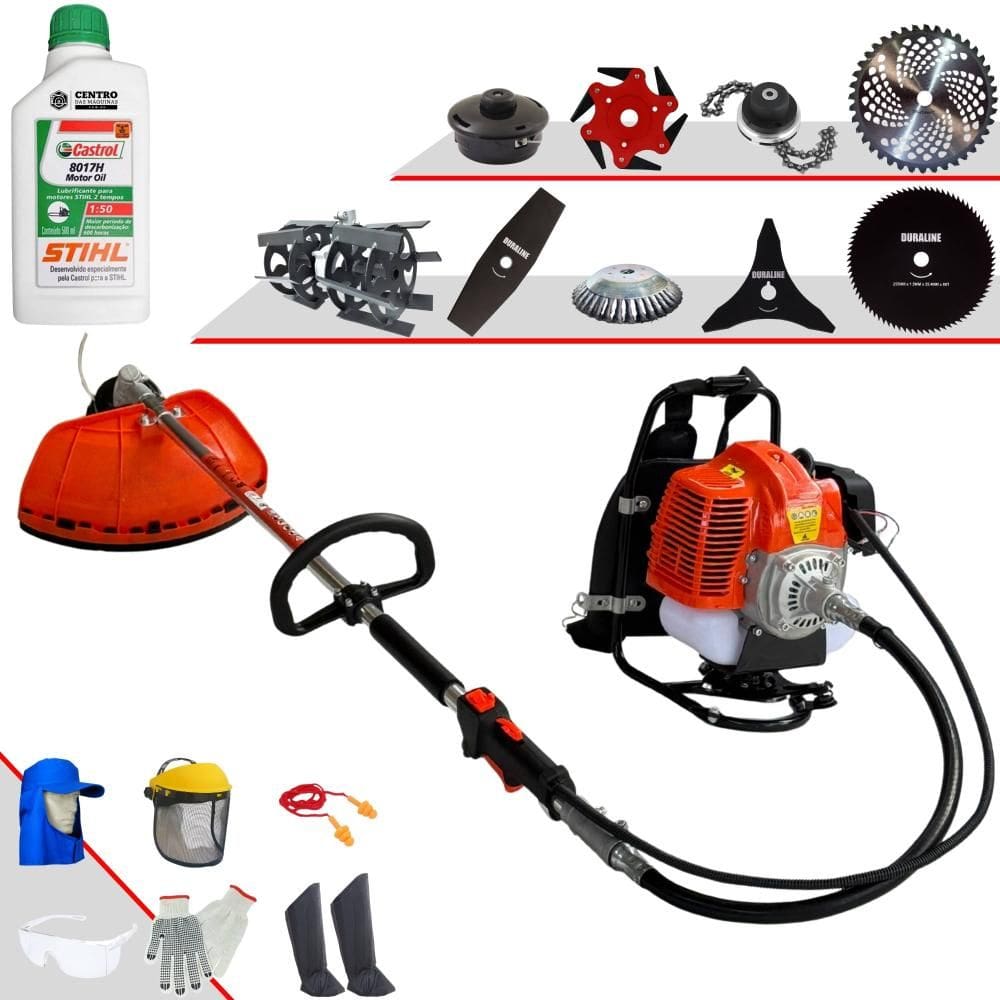 Cortador de Grama Costal Terra 43cc Carretel + Facas 2 Pontas, 3 Pontas, 6 Pontas, 40 Dentes, 80 Dentes, Trimmer, Escova e Enxada + Óleo Stihl + EPI