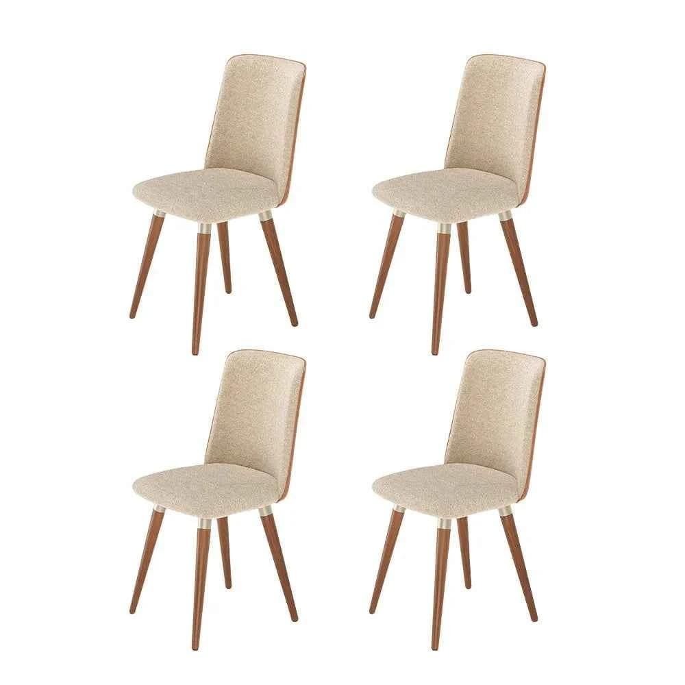 Kit de 4 Cadeiras de Madeira Maciça Estofada Dakota - Natural c/ Bouclé e PU Caramelo - Champanhe