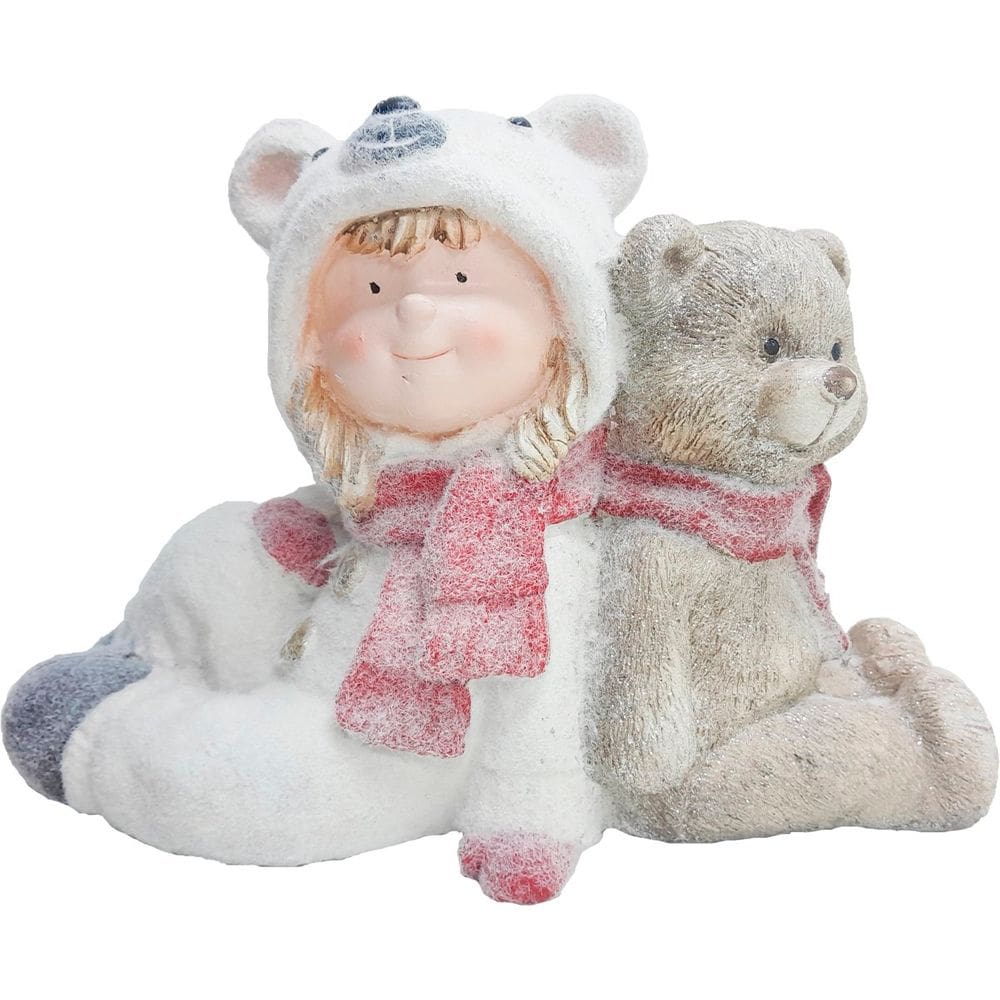 Estatueta Enfeite De Natal Magnésia Criança Com Urso De 37cm