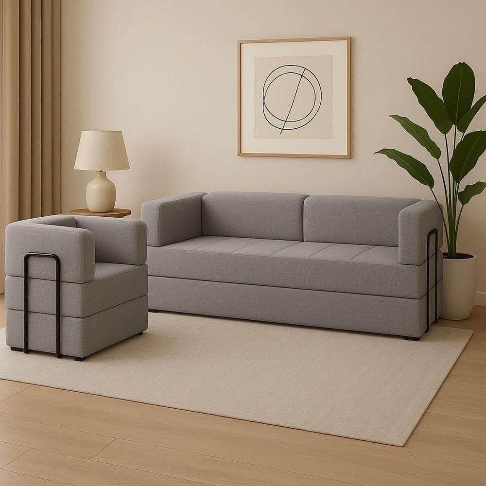 Kit Sofá E Poltrona Na Caixa Modular Vitória Para A Sala Cinza