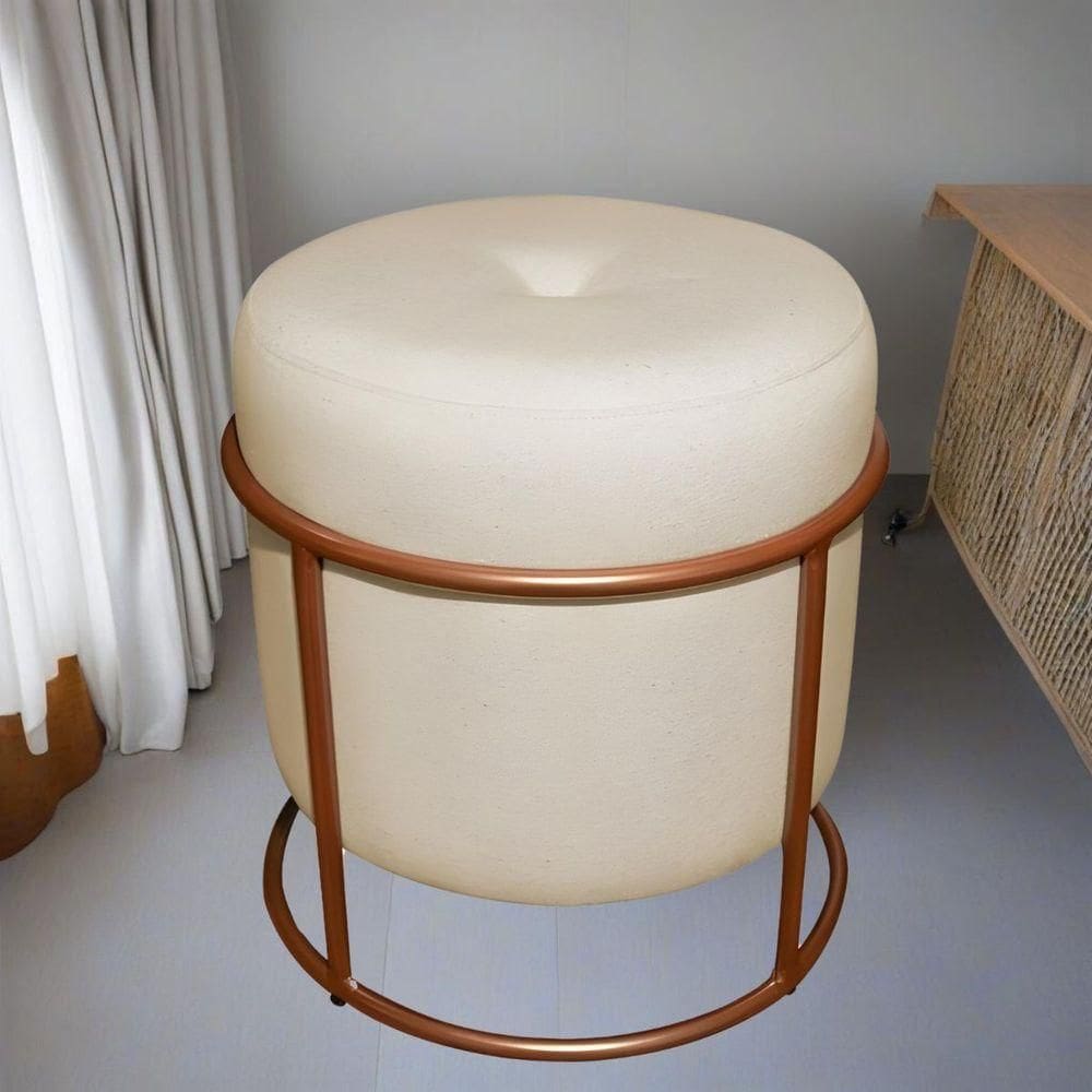 Puff De Ferro Decorativo Redondo Para Sala Argola Ariel Bege bronze Linho