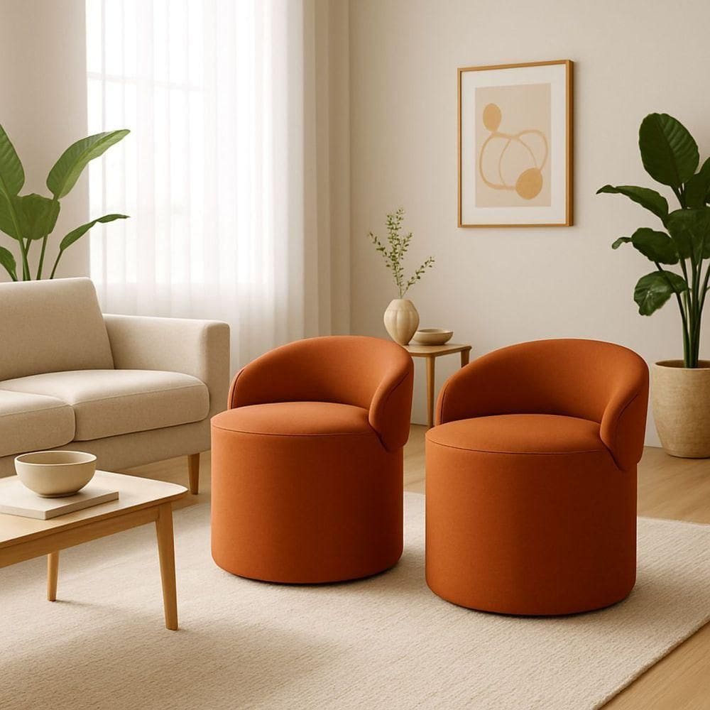 Kit 2 Puff Encosto Suede Redondo Sala Banco Orgânico Quarto Terracota