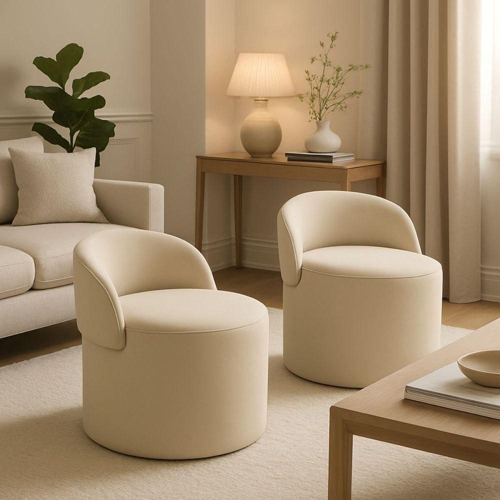 Kit 2 Puff Encosto Suede Redondo Sala Banco Orgânico Quarto Cor:bege