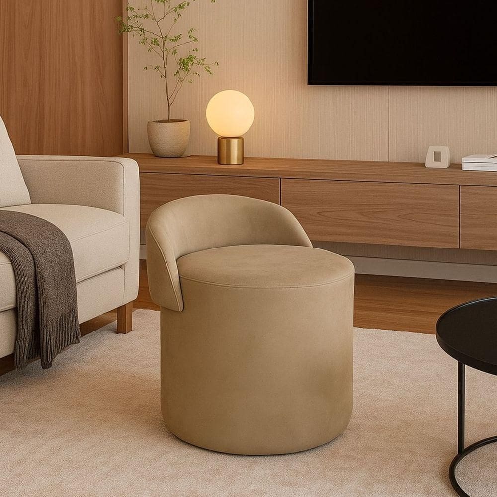 Puff Banco Orgânico Encosto Redondo Sala Estar Quarto Suede Capuccino