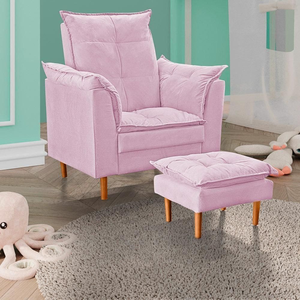 Poltrona De Amamentação Com Puff Quarto Bebê Suede Rosê