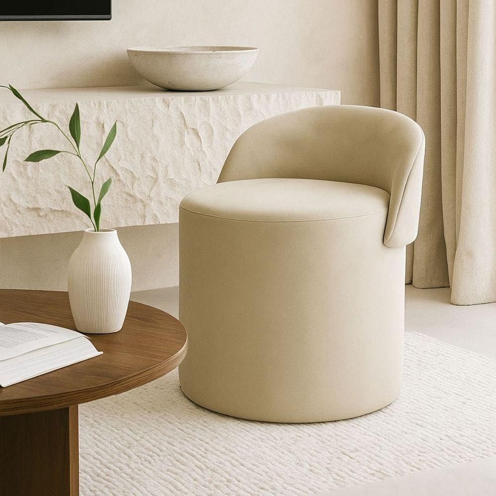 Puff Banco Orgânico Encosto Redondo Sala Estar Quarto Suede Bege