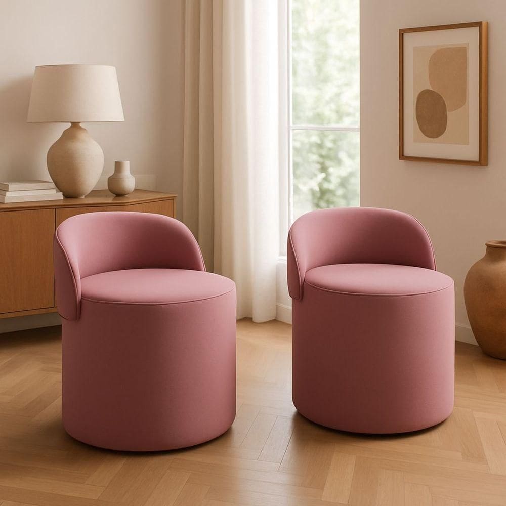 Kit 2 Puff Encosto Suede Redondo Sala Banco Orgânico Quarto Rose