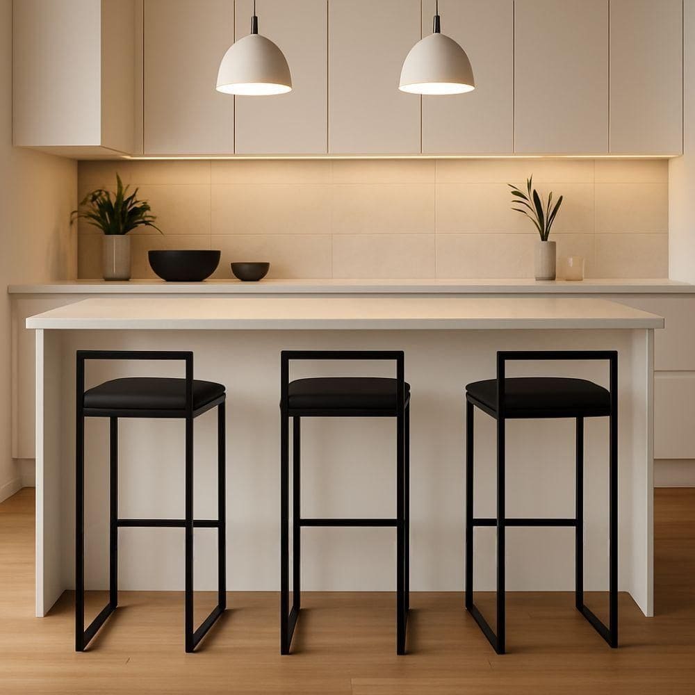Kit 3 Banquetas Corino Ferro Cozinha Balcão Alta Bistro Preto