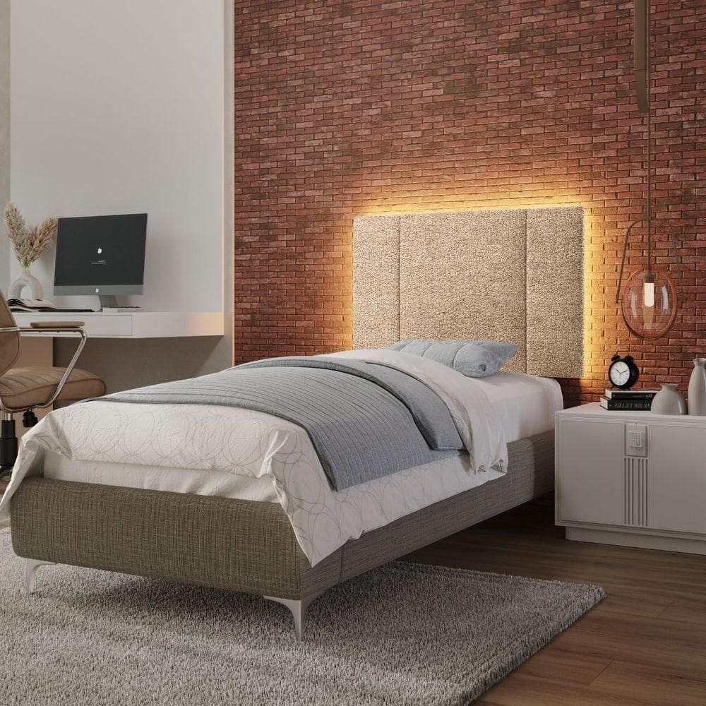 Cabeceira Estofada Cama Box Solteiro Com Led Star 90 Cm Bouclé Bege