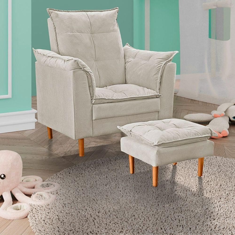 Poltrona De Amamentação Com Puff Quarto Bebê Suede Bege