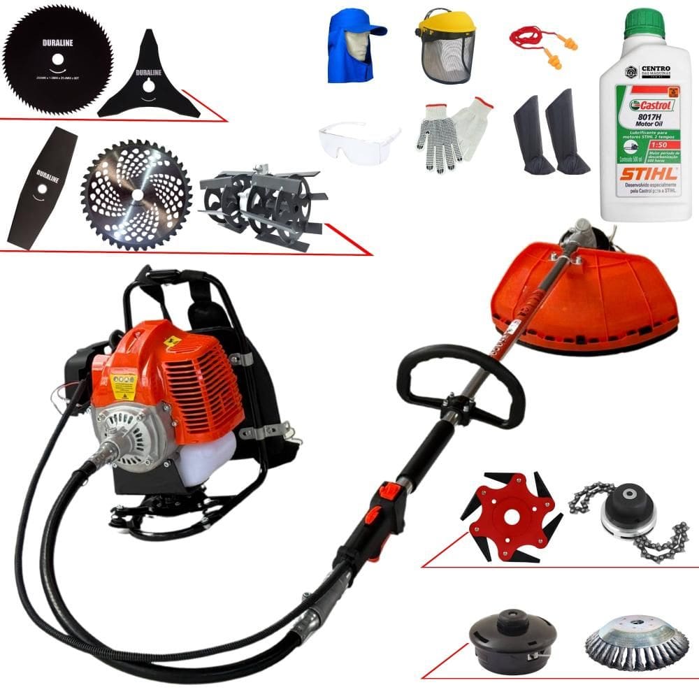 Roçadeira Costal Profissional Terra GRC430 À Gasolina 43cc 1,7HP de Potência Alta Rotação Com Carretel + Kit 8 Opções de Cortes + Óleo Stihl 2T + EPI
