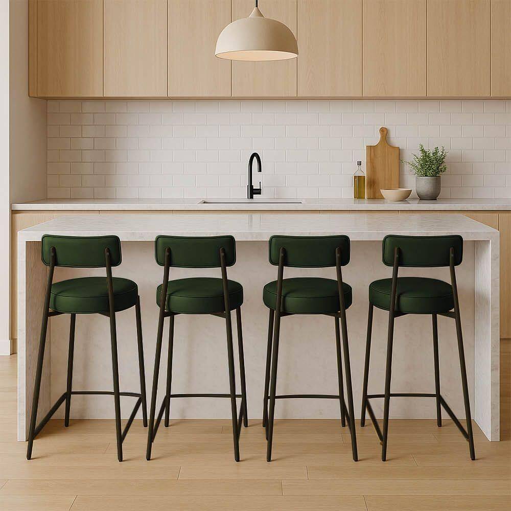 Banqueta Cozinha Alta Com Encosto Industrial Preto Kit 4 Londres Pu Verde D03 - D`rossi