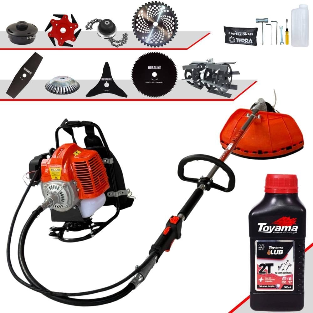Roçadeira Costal Terra GRC430 43cc 1,7HP C/ Carretel + Facas 2 Pontas, 3 Pontas, 6 Pontas, 40 Dentes, 80 Dentes, Trimmer, Escova, Enxada + Óleo Toyama