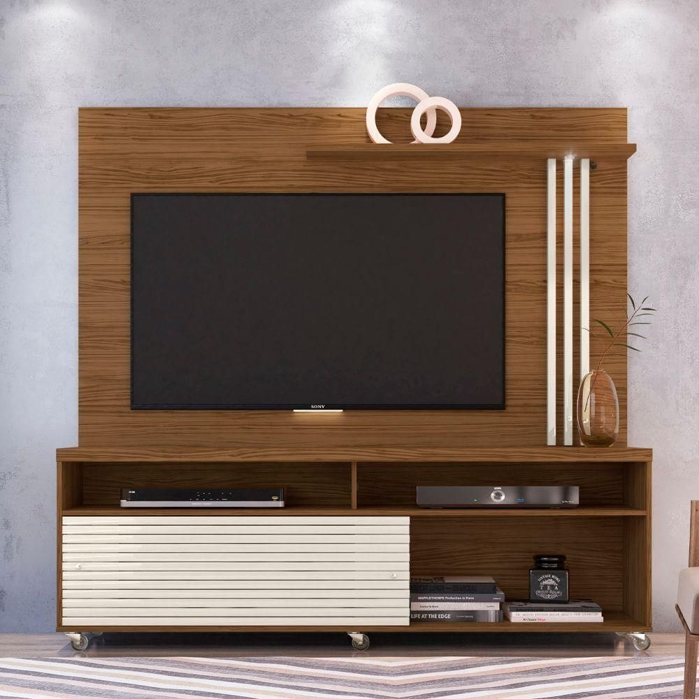 Estante De Tv 65 Pol 182cm Com Rodízio Para Sala Nerion M20 - D`rossi Naturale(fosco)-off White(brilho)