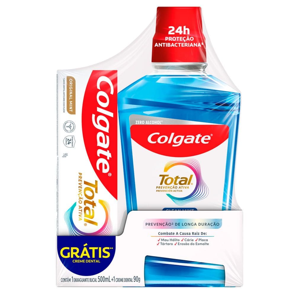 Kit Enxaguante Bucal Colgate Total Prevenção Ativa Clean Mint Zero Álcool 500ml e Ganhe Creme Dental Mint 90g