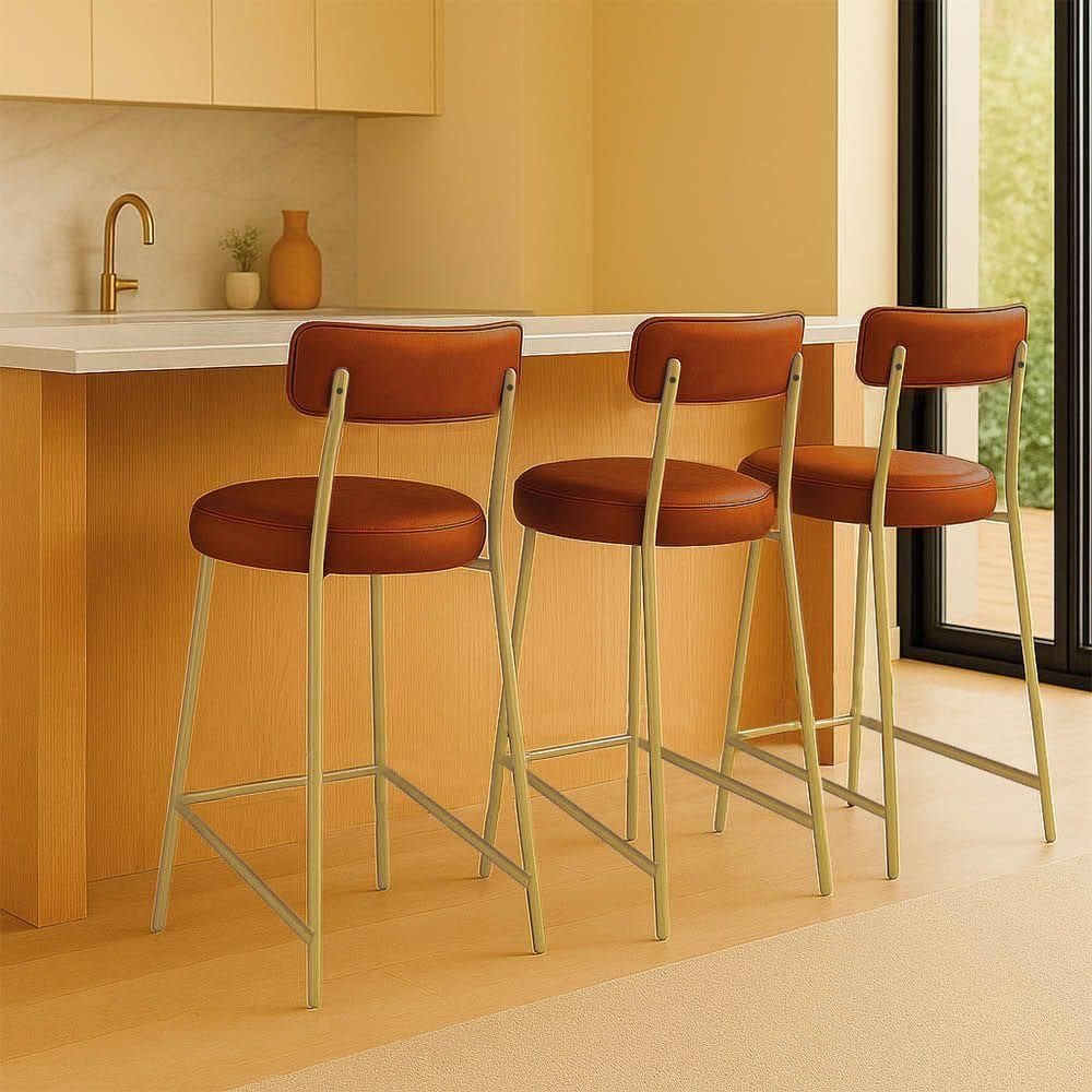 Banqueta Cozinha Alta Com Encosto Industrial Champanhe Kit 3 Londres Pu D03 - D`rossi Whisky