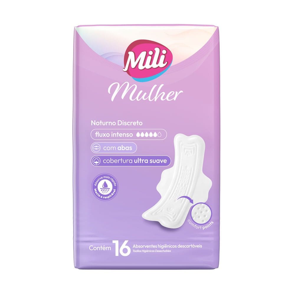 Absorvente Mili Mulher Noturno Discreto Fluxo Intenso Ultra Suave com Abas 16 Unidades