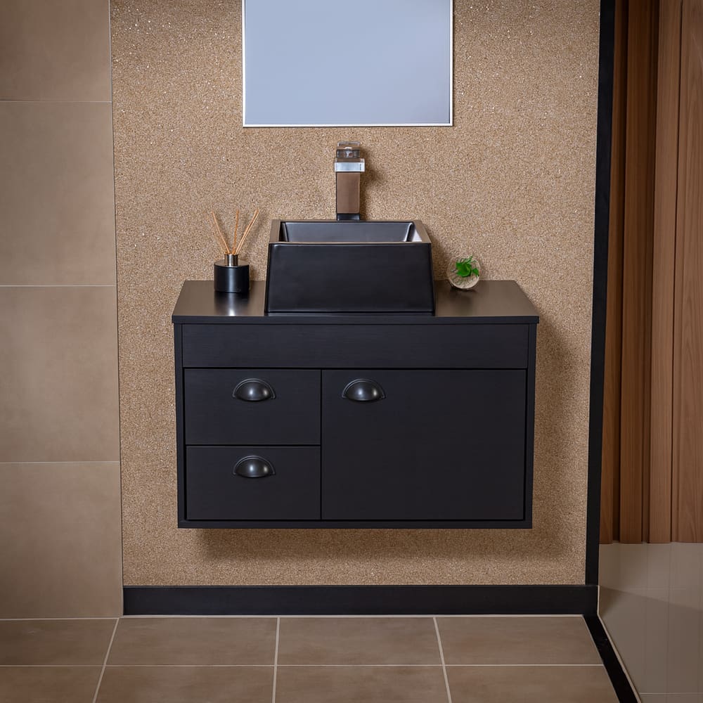 Gabinete Armário para Banheiro 60cm MDF com Cuba - Udine Preto