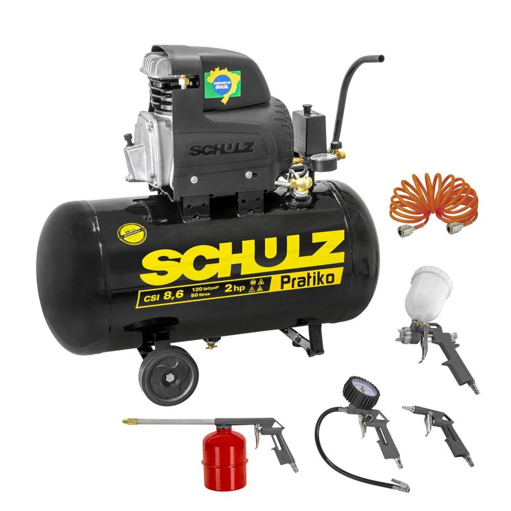 Compressor 2CV Pratiko CSI 8,6/50 + Kit Acessório 5 Peças Schulz 127V
