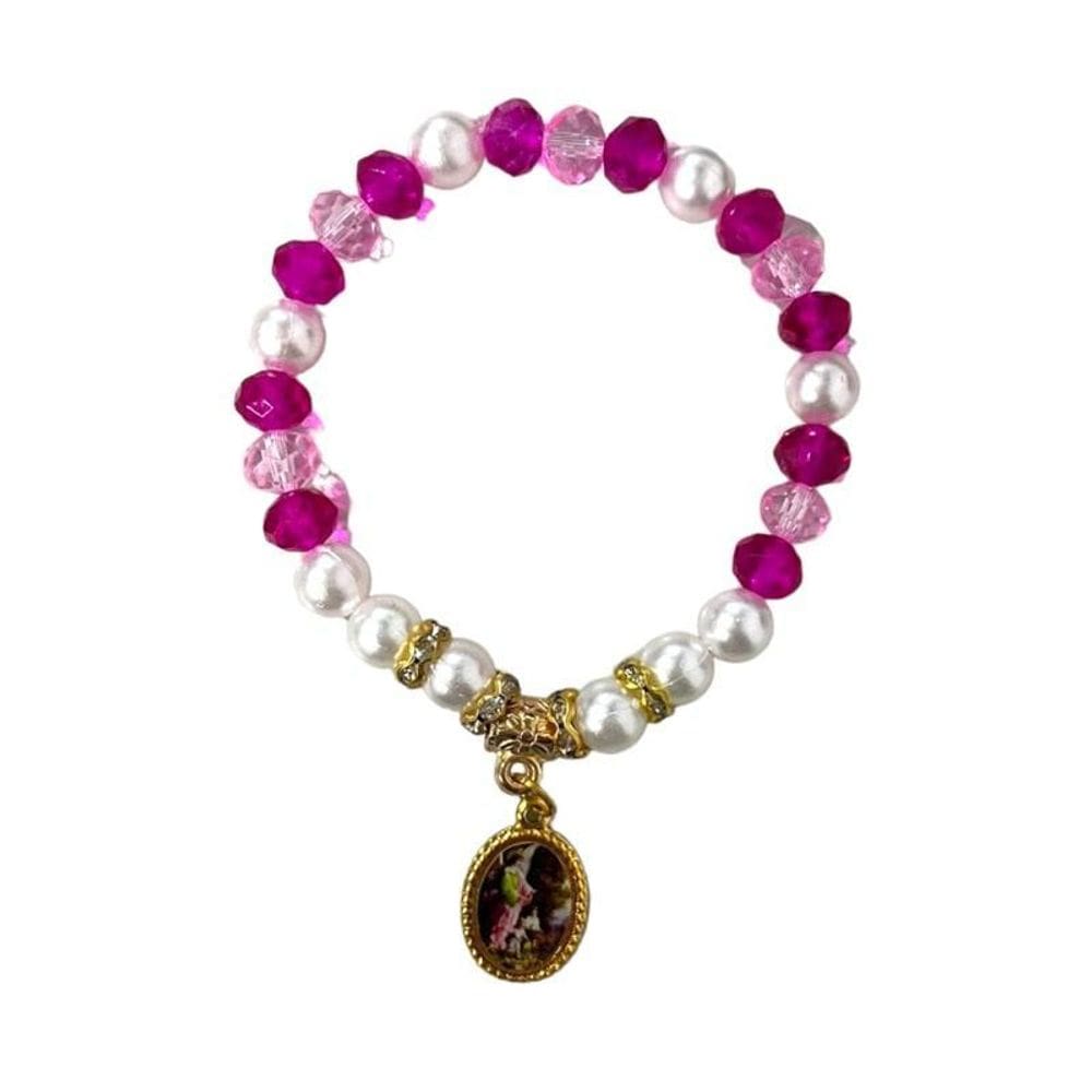 Pulseira Anjo Da Guarda Rosa Com Pérolas Cristal E Silicone