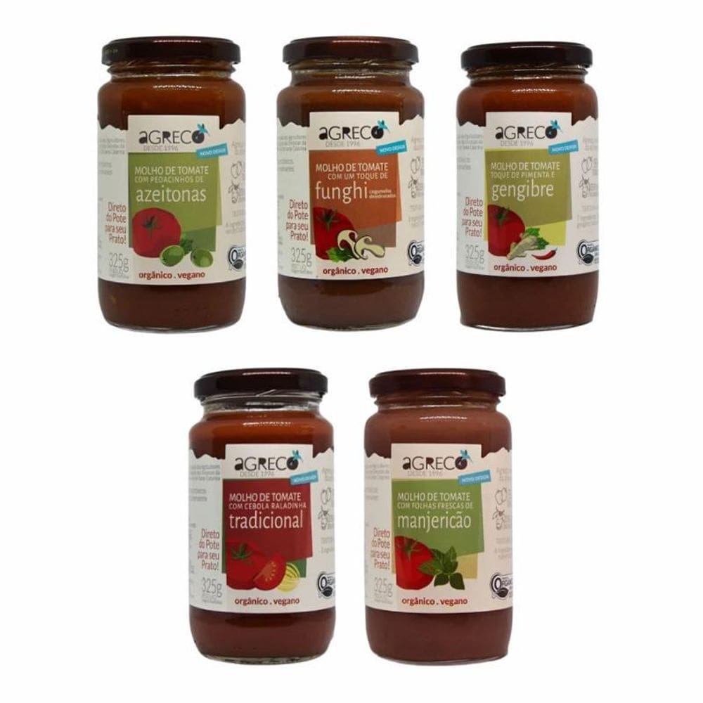 Kit 5 Molho Tomate Agreco: Tradicional, Manjericão, Funghi,