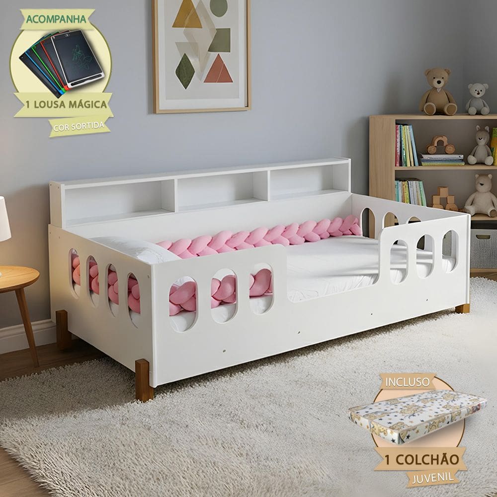 Cama Montessoriana Reforçada Nina Colchão e Enxoval Completo Trança Rosa 2,5m Acompanha Lousa Magíca