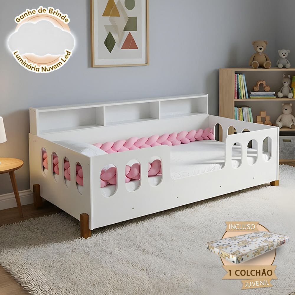 Cama Infantil em Mdf Nina com Colchão + Enxoval Completo Trança Rosa 2,5m Acompanha Nuvem Led