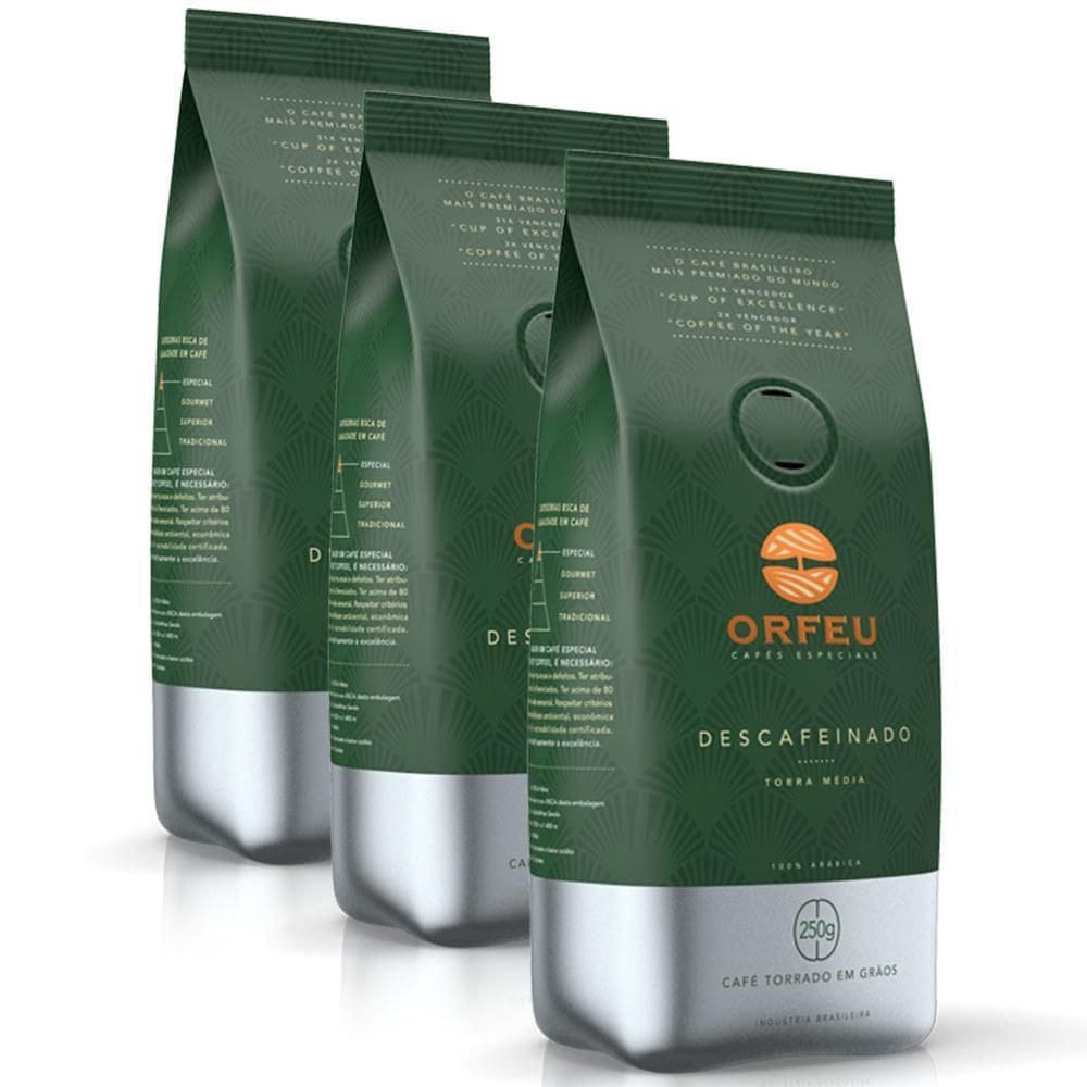 Café Em Grãos Premium Orfeu Descafeinado Kit 3 Pacotes 250G