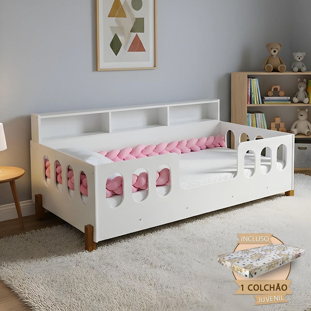 Cama Montessoriana Completa Nina com Colchão + Enxoval Premium Trança Rosa 2,5m