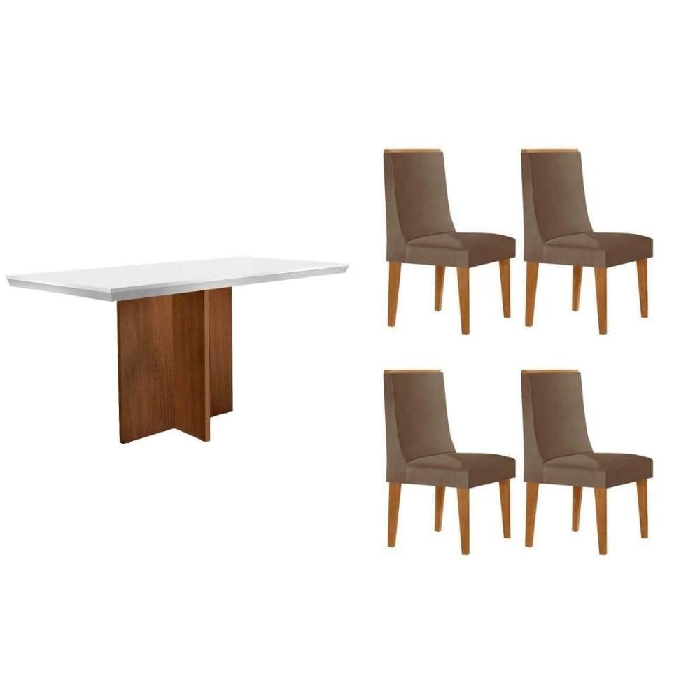 Conjunto Sala de Jantar Berlim c/ Tampo Madeirado c/ Vidro Canto Curvo 120x80cm e 4 Cadeiras Dakota Madeira Maciça Naturale/Off White - Capuccino/Cora