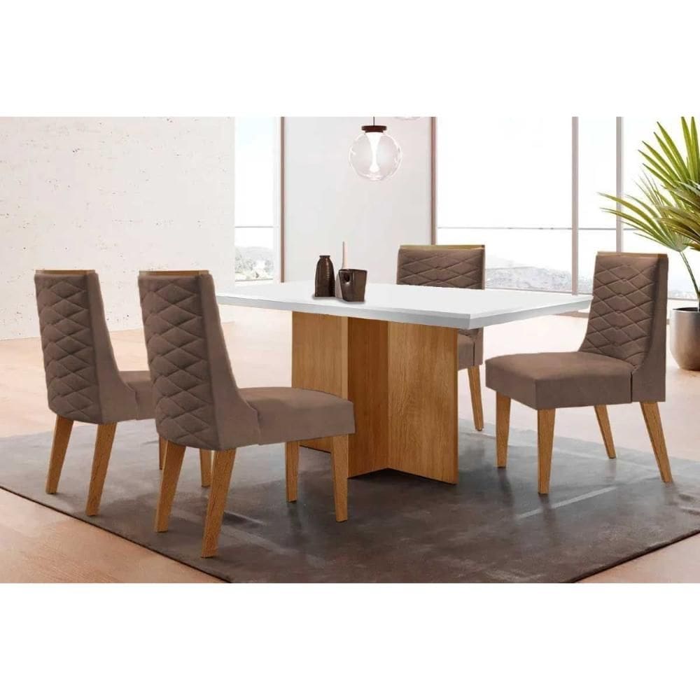 Conjunto Sala de Jantar Berlim c/ Tampo Madeirado c/ Vidro Canto Curvo 120x80cm e 4 Cadeiras Dafne Madeira Maciça Naturale/Off White - Capuccino/Coran