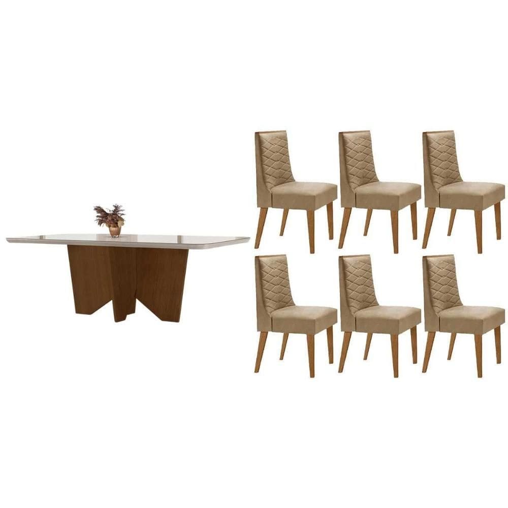 Conjunto Sala de Jantar Nevada c/ Tampo Madeirado c/ Vidro Canto Curvo 180x90cm e 6 Cadeiras Dafne Madeira Maciça Naturale/Off White - Capuccino/Linho