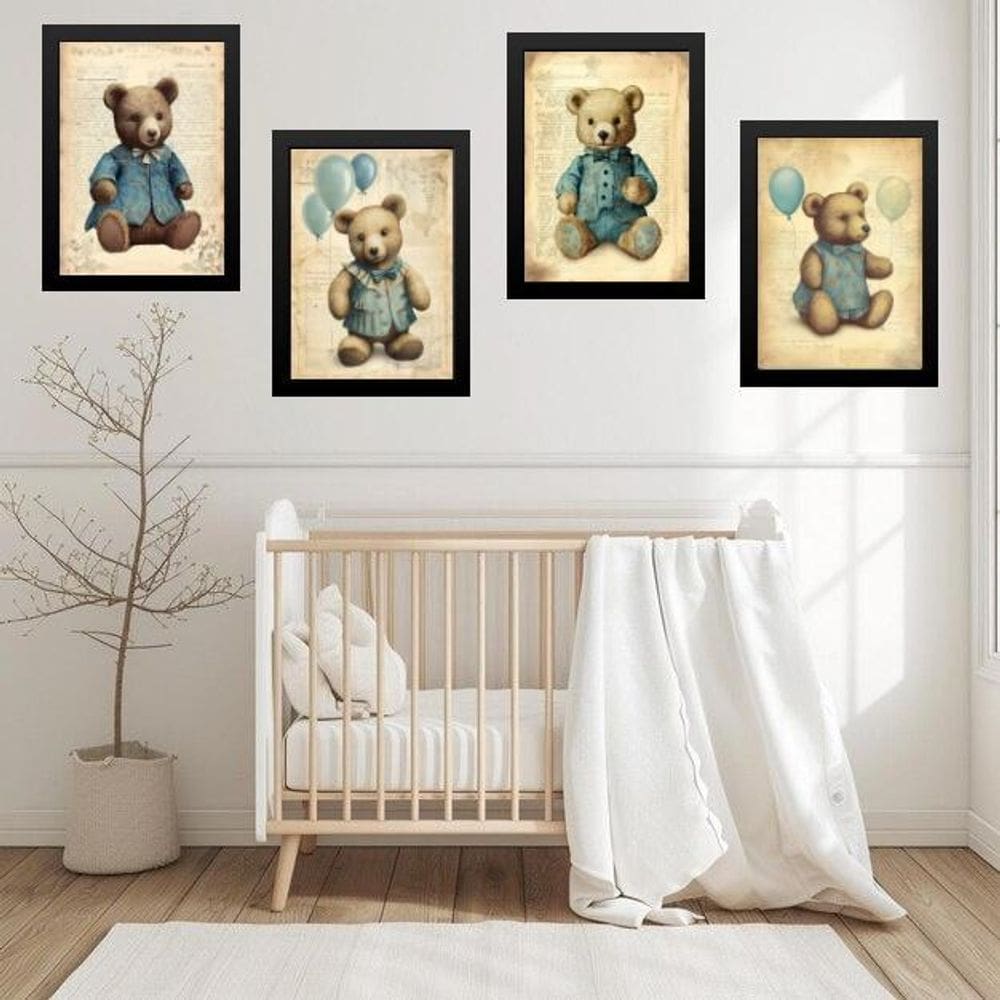 Kit 4 Quadros Quarto Bebê Ursos Vintage 24X18Cm - Com Vidro