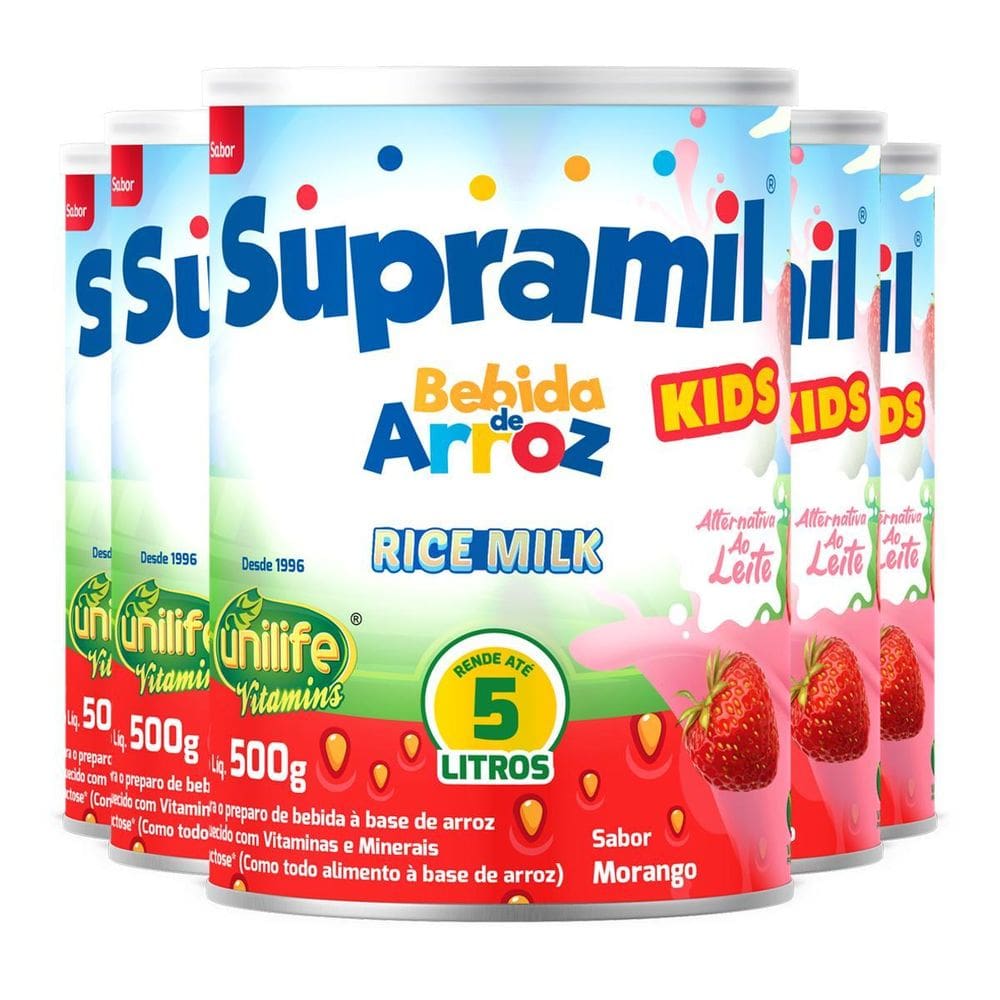 Kit 5 Supramil Bebida De Arroz Kids Morango Unilife 500G