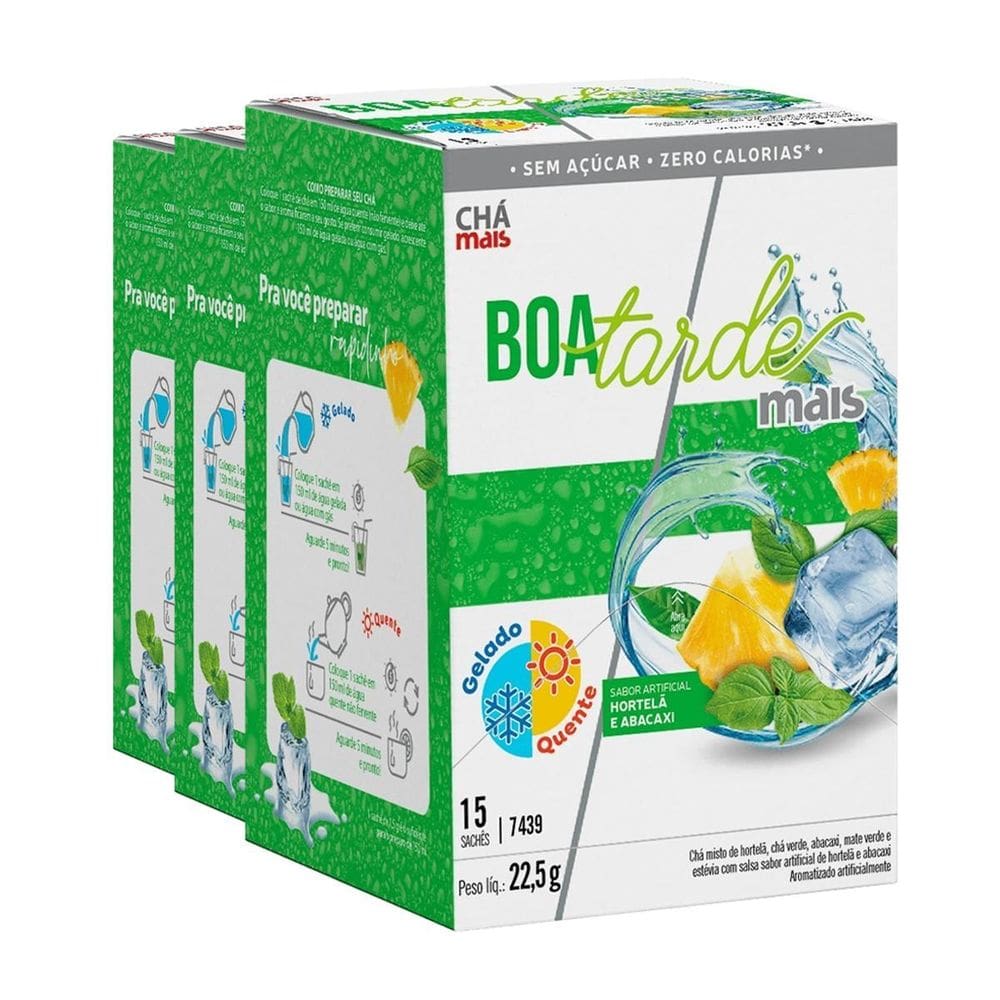 Kit 3 Chá Gelado Chámais Boa Tarde Hortelã Abacaxi 15 Sachês