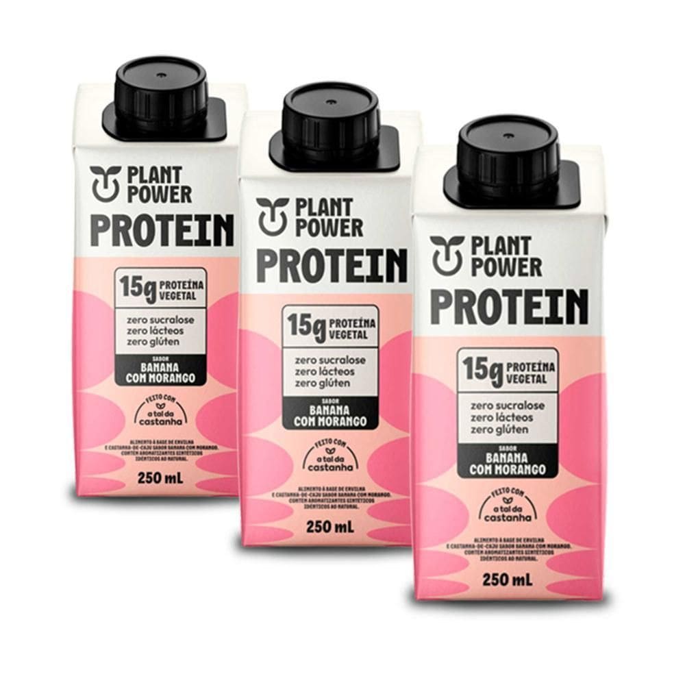 Bebida Plant Power Banana Com Morango Kit 3 Unidades 250Ml