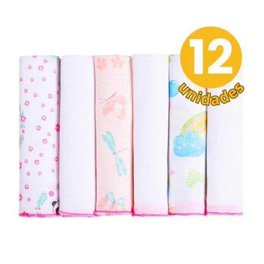 12 Pçs Pano De Boca Fralda Rosa Toalha Overloque 30X30Cm