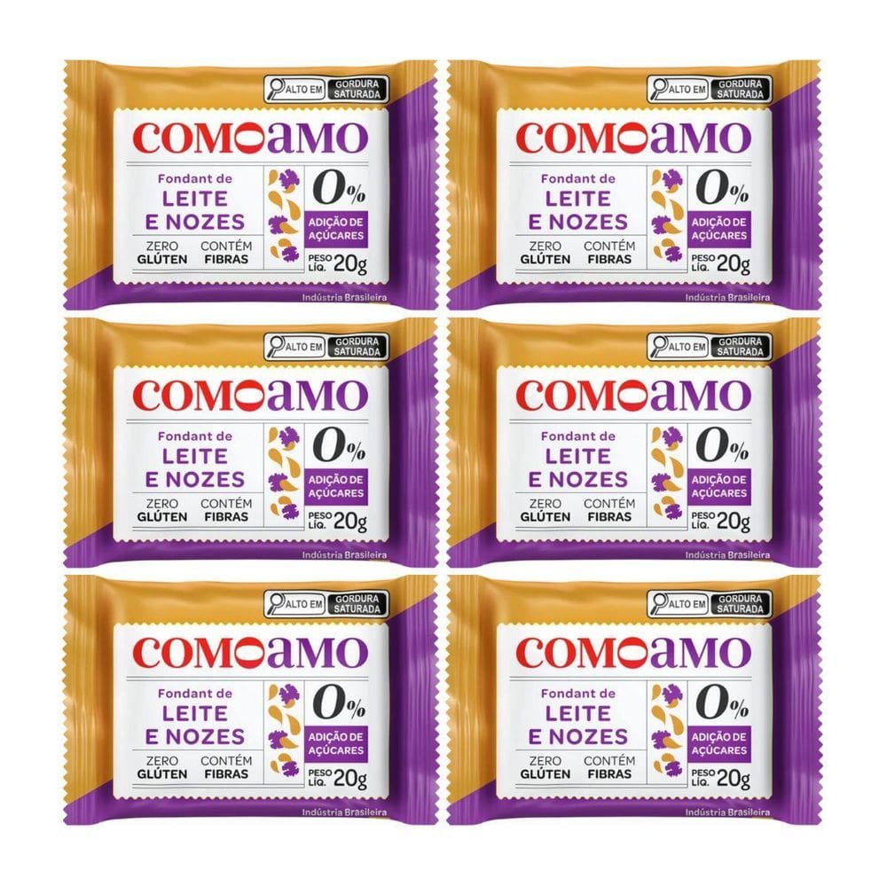 Kit 6 Fondant De Leite Com Nozes Zero Sem Gluten 20G Comoamo