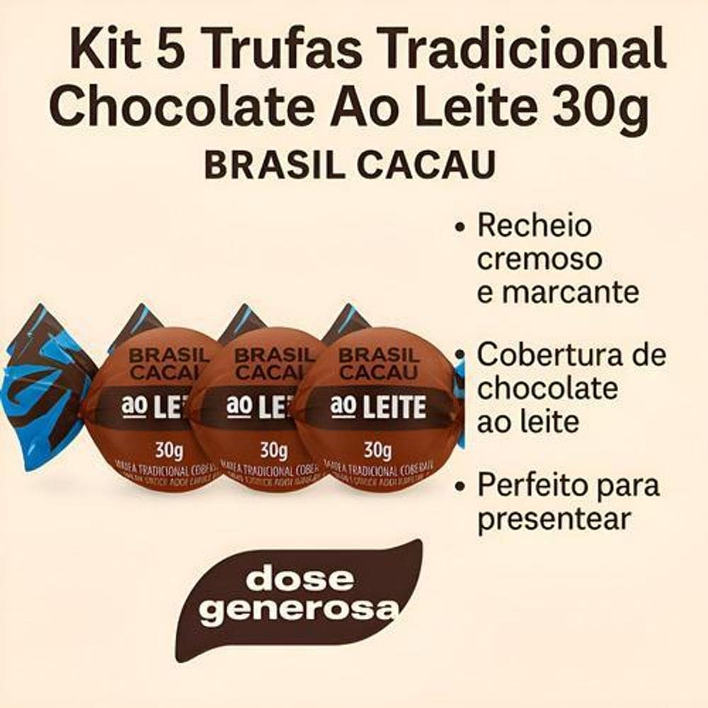 Kit 5 Trufas Chocolate Ao Leite Tradicional Brasil Cacau 30G