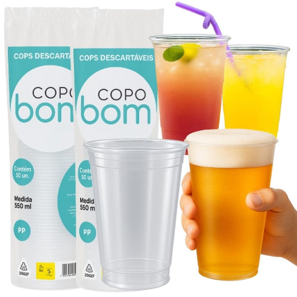 Kit 2 Copo Descartável 550Ml Liso Chop E Bebidas Com 100 Un.