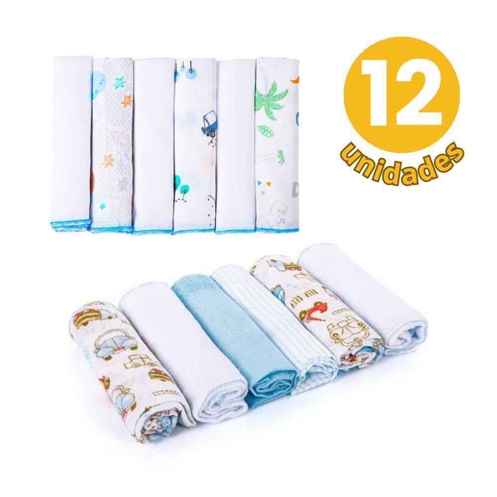 12 Pçs Pano De Boca Fralda Azul Toalha Overloque 30X30Cm