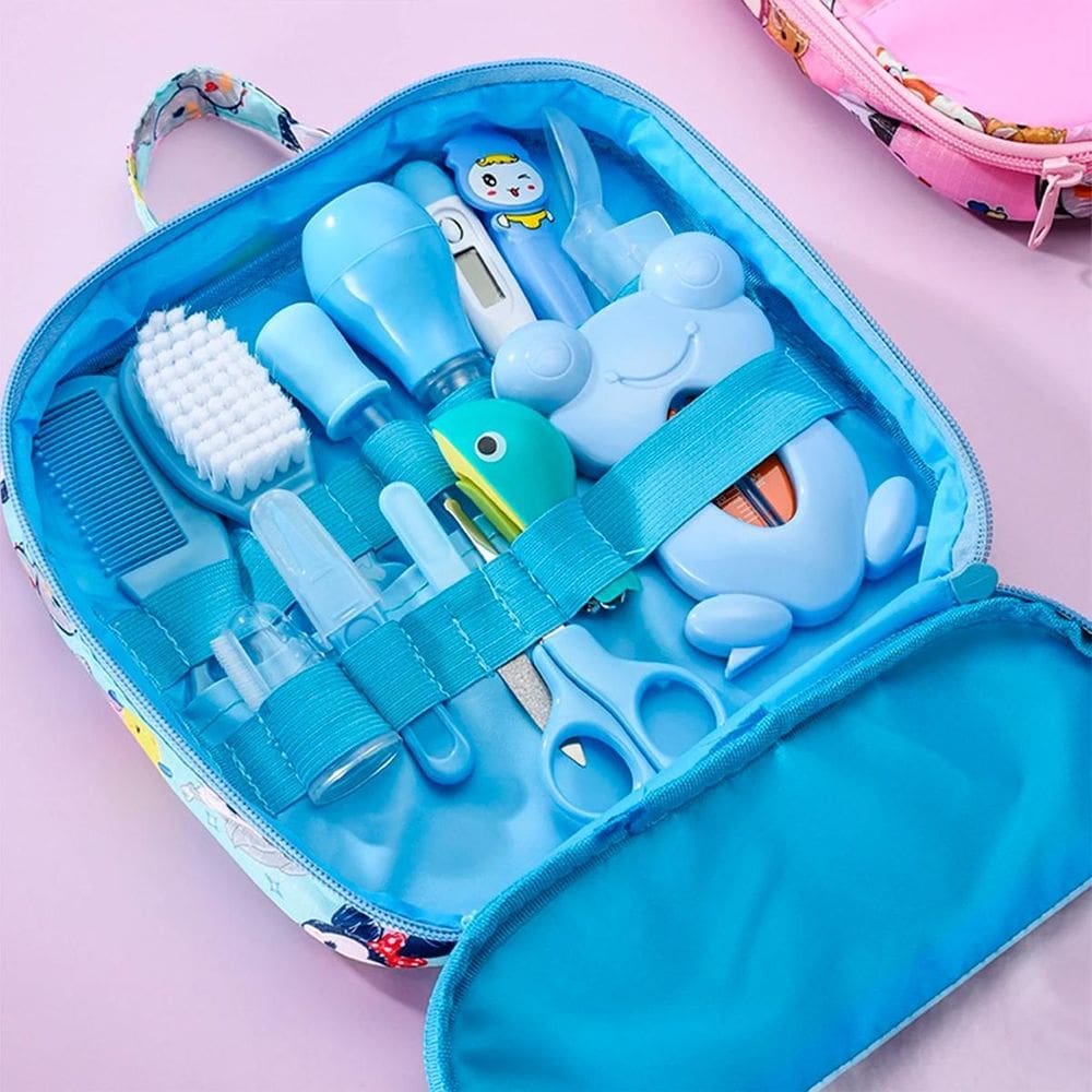 Kit Higiene Azul Infantil Bolsa Tesoura Escova Termômetro